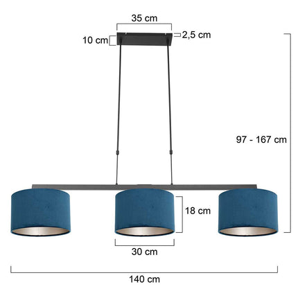 Hanglamp Stang 3464ZW Zwart + Kap Velours Blauw