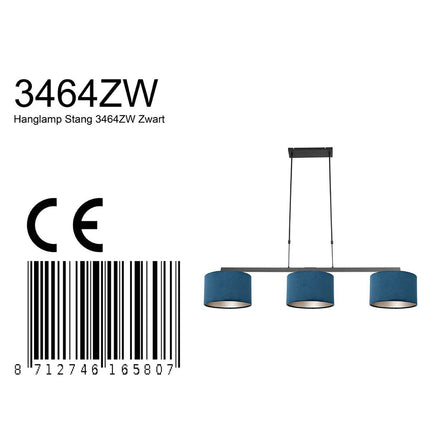 Hanglamp Stang 3464ZW Zwart + Kap Velours Blauw