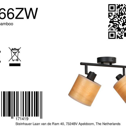 Plafondspot Bambus 3666ZW Zwart met houten kapjes