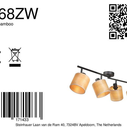 Plafondspot Bambus 3668ZW Zwart 4 lichts met houten kapjes