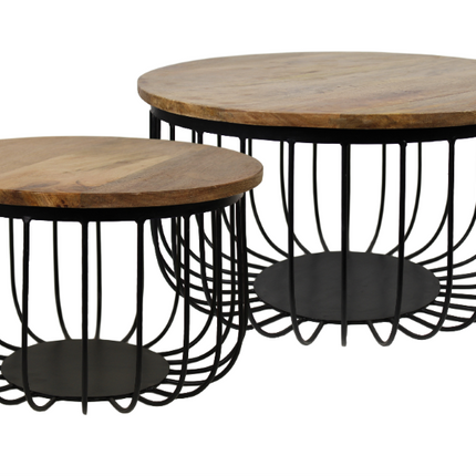 Ronde Bijzettafel Maden S/2-ø60x33 / ø45x30-Naturel/Zwart-Mango/Metaal
