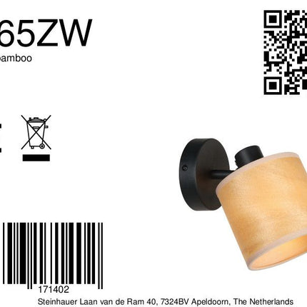 Spot - Wandlamp Bambus 3665ZW Zwart met houten kapje
