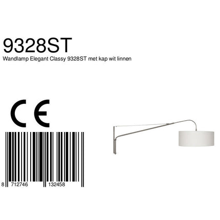 Wandlamp Elegant Classy 2574ST+K1066QS Staal-Wit Linnen