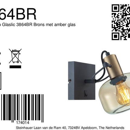 Wandlamp Glaslic 3864BR Brons met amber glas