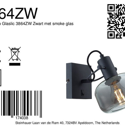 Wandlamp Glaslic 3864ZW Zwart met smoke glas