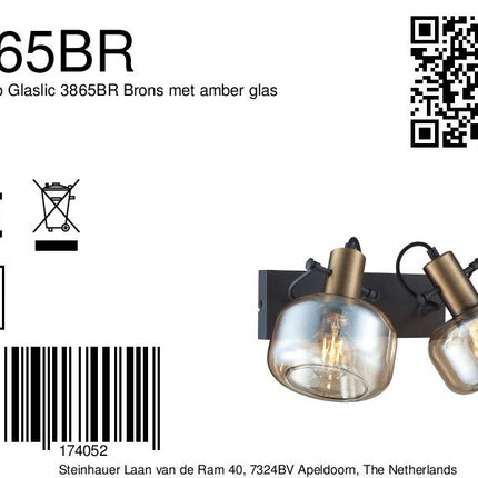 Wandlamp Glaslic 3865BR Brons met amber glas