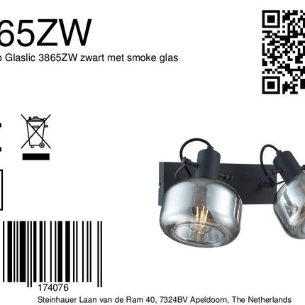 Wandlamp Glaslic 3865ZW zwart met smoke glas