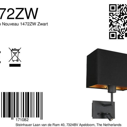 Wandlamp Nouveau 1472ZW Zwart