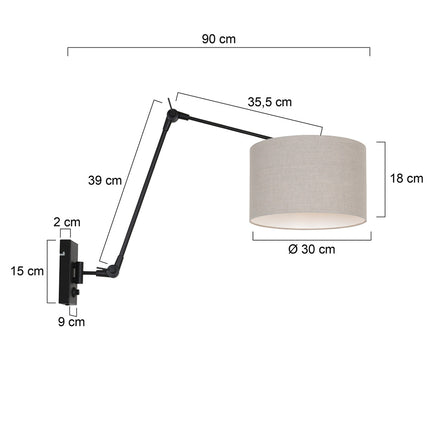 Wandlamp Prestige Chic 7396ZW+K7396RS Zwart-Grijs Linnen