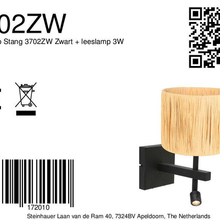 Wandlamp Stang 3702ZW Zwart + leeslamp 3W