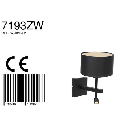 Wandlamp Stang 7193ZW Zwart + Kap Zwart Linnen