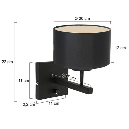 Wandlamp Stang 7200ZW Zwart + Kap Zwart Linnen
