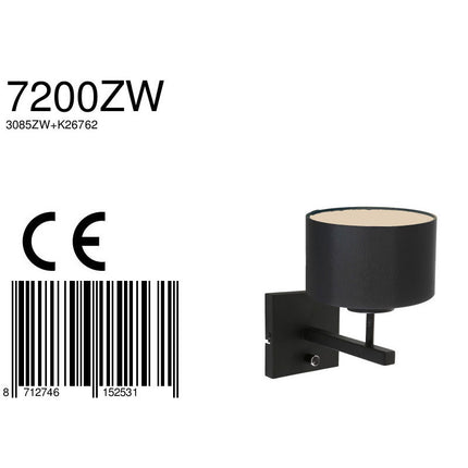 Wandlamp Stang 7200ZW Zwart + Kap Zwart Linnen