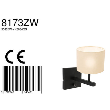 Wandlamp Stang 8173ZW Zwart + Kap Wit Linnen