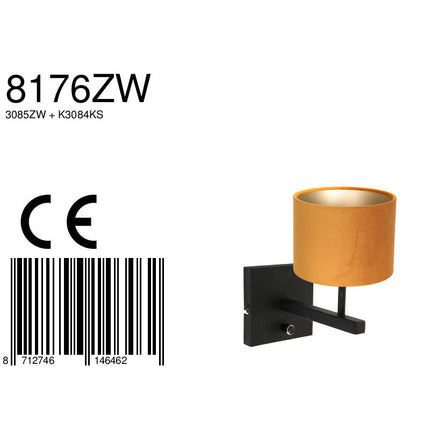 Wandlamp Stang 8176ZW Zwart + Kap Velours Goud