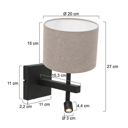 Wandlamp Stang 8203ZW Zwart + Kap Grijs Linnen