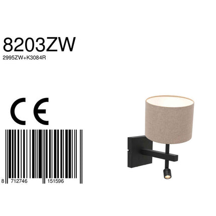 Wandlamp Stang 8203ZW Zwart + Kap Grijs Linnen