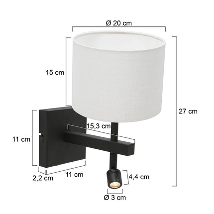 Wandlamp Stang 8204ZW Zwart + Kap Wit Linnen