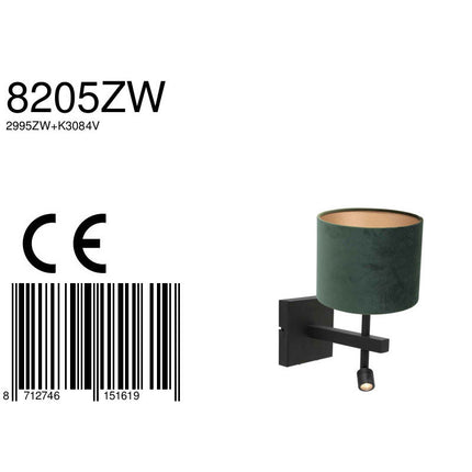 Wandlamp Stang 8205ZW Zwart + Kap Velours Groen
