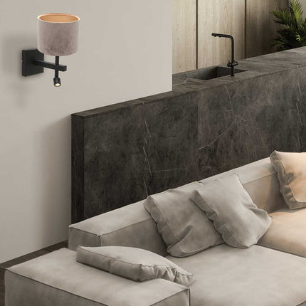 Wandlamp Stang 8206ZW Zwart + Kap Velours Zilver