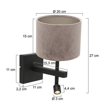 Wandlamp Stang 8206ZW Zwart + Kap Velours Zilver