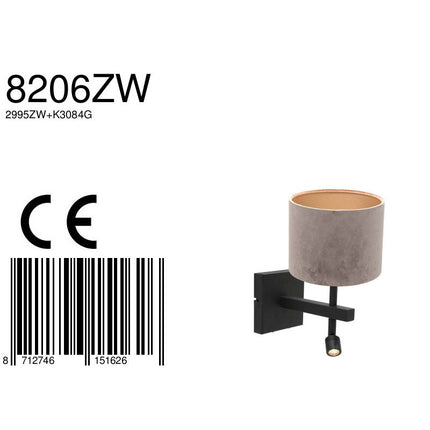 Wandlamp Stang 8206ZW Zwart + Kap Velours Zilver