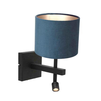 Wandlamp Stang 8208ZW Zwart + Kap Velours Blauw