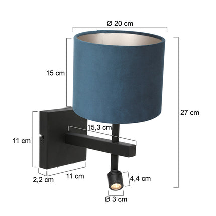 Wandlamp Stang 8208ZW Zwart + Kap Velours Blauw