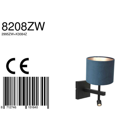 Wandlamp Stang 8208ZW Zwart + Kap Velours Blauw