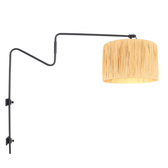 Zwarte wandlamp met zwenkarm Linstrom 3721ZW met naturel gras kap