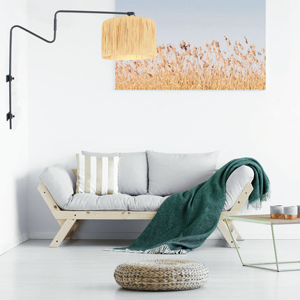 Zwarte wandlamp met zwenkarm Linstrom 3721ZW met naturel gras kap