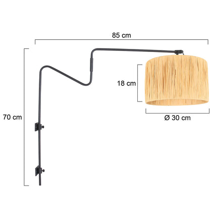 Zwarte wandlamp met zwenkarm Linstrom 3721ZW met naturel gras kap