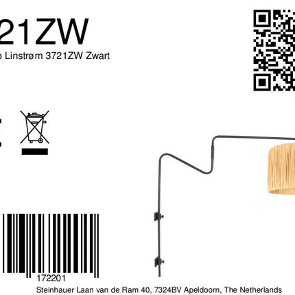 Zwarte wandlamp met zwenkarm Linstrom 3721ZW met naturel gras kap