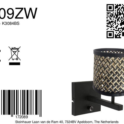 Zwarte wandlamp Stang 3709ZW met draai schakelaar en naturel zwart bamboe kap