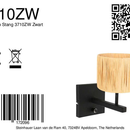 Zwarte wandlamp Stang 3710ZW met schakelaar en naturelkleurig gras kap